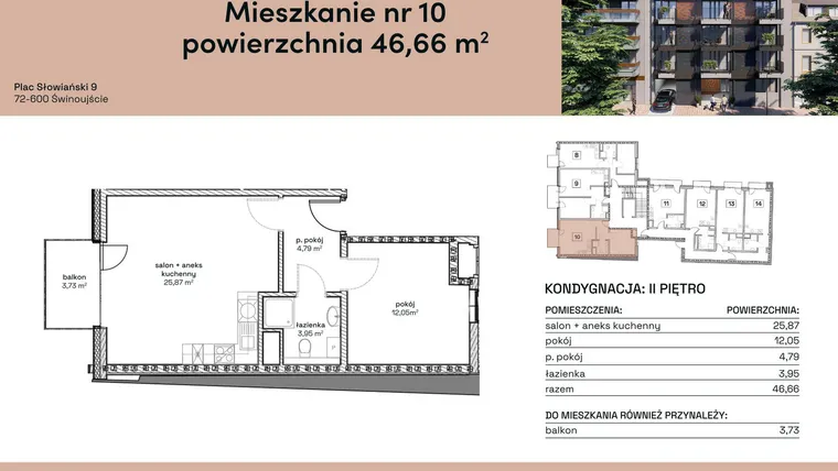 Rzut - Mieszkanie na sprzedaż 2 pokoje o powierzchni 46,66 m² - numer M10 w Plac Słowiański 9