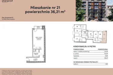 Rzut - Mieszkanie na sprzedaż 1 pokój o powierzchni 36,21 m² - numer M21 w Plac Słowiański 9