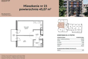 Rzut - Mieszkanie na sprzedaż 2 pokoje o powierzchni 45,07 m² - numer M23 w Plac Słowiański 9