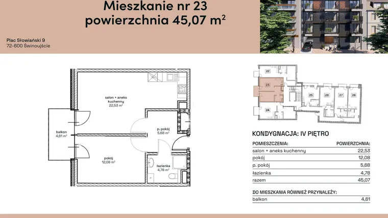 Rzut - Mieszkanie na sprzedaż 2 pokoje o powierzchni 45,07 m² - numer M23 w Plac Słowiański 9