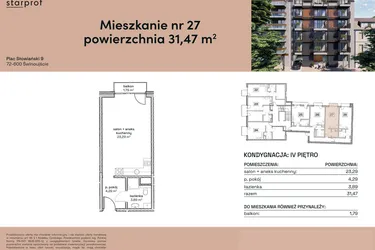 Rzut - Mieszkanie na sprzedaż 1 pokój o powierzchni 31,47 m² - numer M27 w Plac Słowiański 9