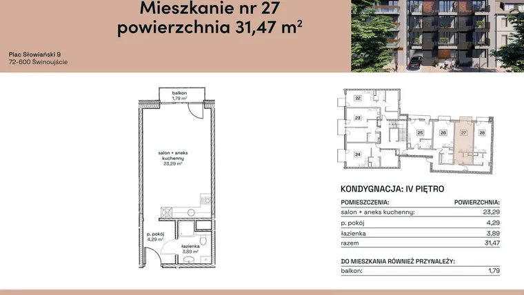 Rzut - Mieszkanie na sprzedaż 1 pokój o powierzchni 31,47 m² - numer M27 w Plac Słowiański 9