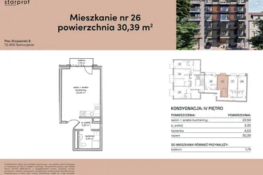 Rzut - Mieszkanie na sprzedaż 1 pokój o powierzchni 30,39 m² - numer M26 w Plac Słowiański 9