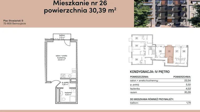 Rzut - Mieszkanie na sprzedaż 1 pokój o powierzchni 30,39 m² - numer M26 w Plac Słowiański 9