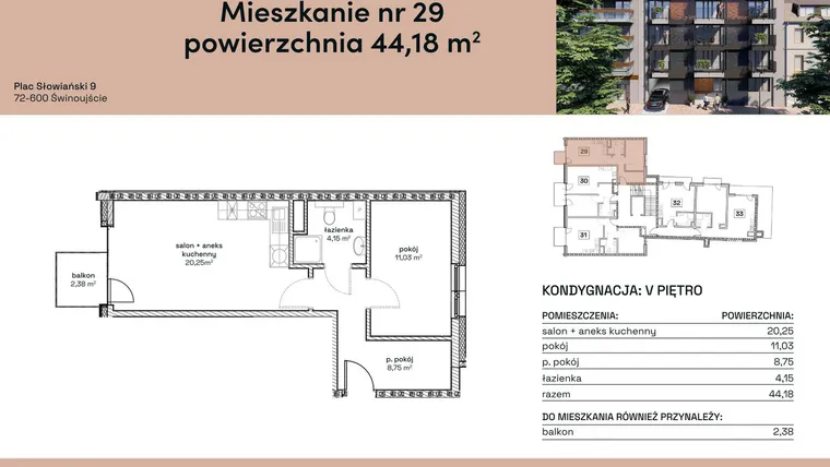 Rzut - Mieszkanie na sprzedaż 2 pokoje o powierzchni 44,18 m² - numer M29 w Plac Słowiański 9