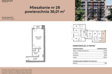 Rzut - Mieszkanie na sprzedaż 1 pokój o powierzchni 36,01 m² - numer M28 w Plac Słowiański 9