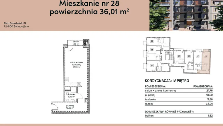 Rzut - Mieszkanie na sprzedaż 1 pokój o powierzchni 36,01 m² - numer M28 w Plac Słowiański 9