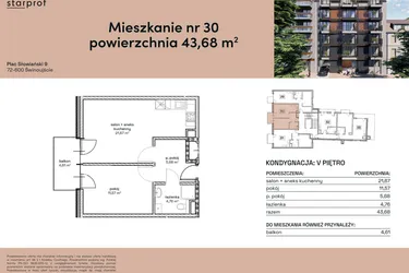 Rzut - Mieszkanie na sprzedaż 2 pokoje o powierzchni 43,68 m² - numer M30 w Plac Słowiański 9