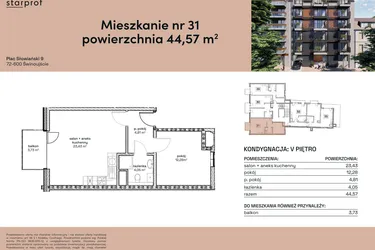 Rzut - Mieszkanie na sprzedaż 2 pokoje o powierzchni 44,57 m² - numer M31 w Plac Słowiański 9