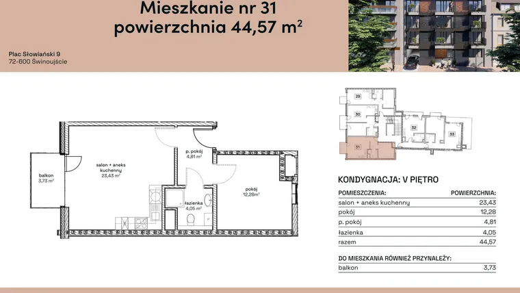Rzut - Mieszkanie na sprzedaż 2 pokoje o powierzchni 44,57 m² - numer M31 w Plac Słowiański 9
