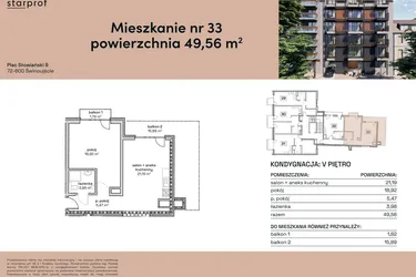 Rzut - Mieszkanie na sprzedaż 2 pokoje o powierzchni 49,56 m² - numer M33 w Plac Słowiański 9