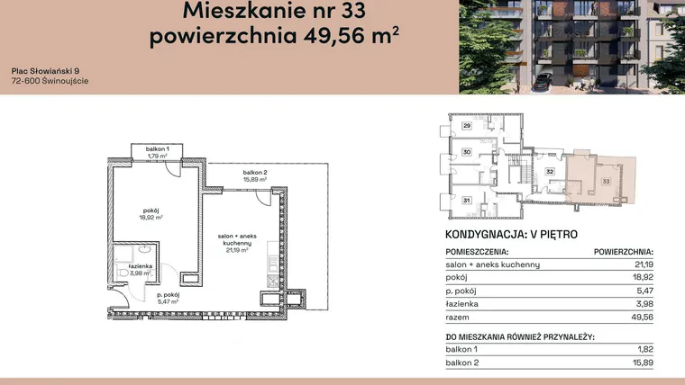 Rzut - Mieszkanie na sprzedaż 2 pokoje o powierzchni 49,56 m² - numer M33 w Plac Słowiański 9