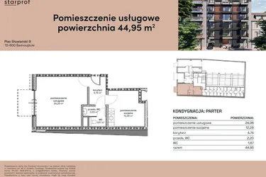 Rzut - Lokal użytkowy na sprzedaż 3 pokoje o powierzchni 44,95 m² - numer L.U.1 w Plac Słowiański 9