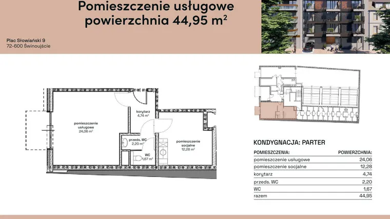 Rzut - Lokal użytkowy na sprzedaż 3 pokoje o powierzchni 44,95 m² - numer L.U.1 w Plac Słowiański 9