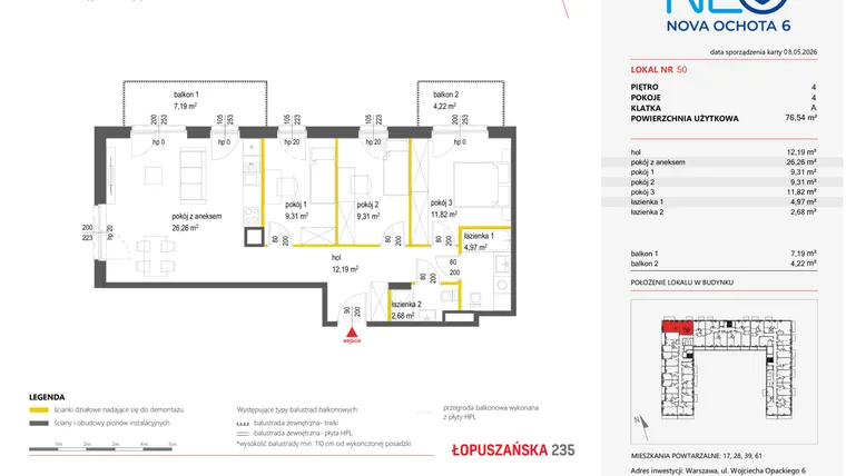 Rzut - Mieszkanie na sprzedaż 4 pokoje o powierzchni 76,54 m² - numer 50 w Neo Nova Ochota 6