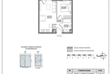 Rzut - Mieszkanie na sprzedaż 2 pokoje o powierzchni 35,19 m² - numer 9.A.13 w Urzeka bud. 9