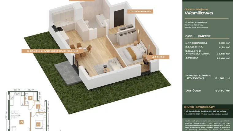 Rzut - Mieszkanie na sprzedaż 2 pokoje o powierzchni 51,98 m² - numer L.0-3 w Dobre Miejsce Waniliowa