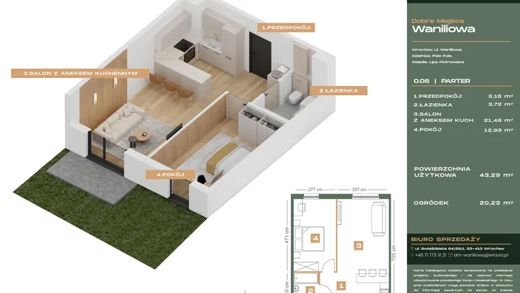 Rzut - Mieszkanie na sprzedaż 2 pokoje o powierzchni 43,29 m² - numer L.0-8 w Dobre Miejsce Waniliowa