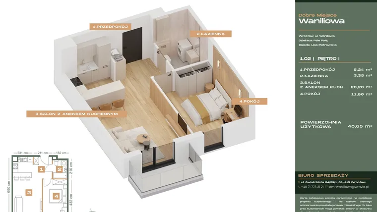Rzut - Mieszkanie na sprzedaż 2 pokoje o powierzchni 40,65 m² - numer L.1-2 w Dobre Miejsce Waniliowa