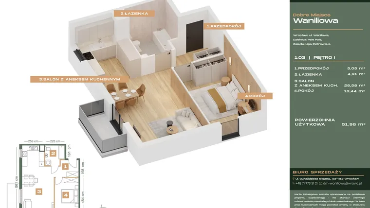 Rzut - Mieszkanie na sprzedaż 2 pokoje o powierzchni 51,98 m² - numer L.1-3 w Dobre Miejsce Waniliowa