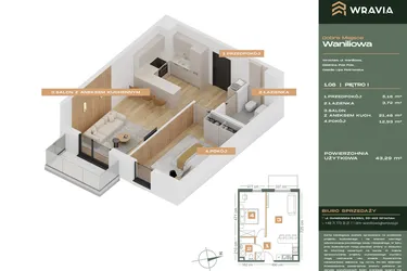 Rzut - Mieszkanie na sprzedaż 2 pokoje o powierzchni 43,29 m² - numer L.1-8 w Dobre Miejsce Waniliowa