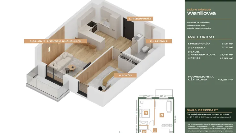 Rzut - Mieszkanie na sprzedaż 2 pokoje o powierzchni 43,29 m² - numer L.1-8 w Dobre Miejsce Waniliowa