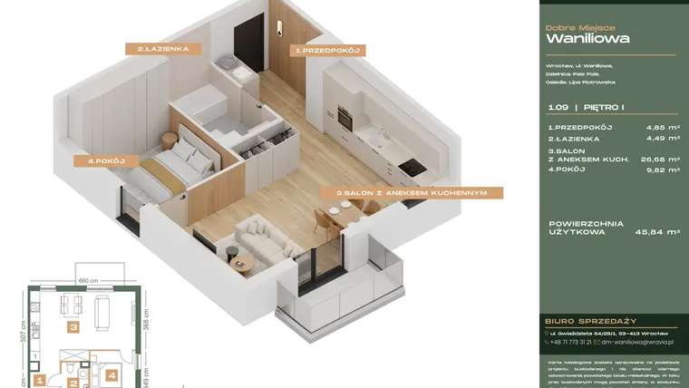 Rzut - Mieszkanie na sprzedaż 2 pokoje o powierzchni 45,84 m² - numer L.1-9 w Dobre Miejsce Waniliowa