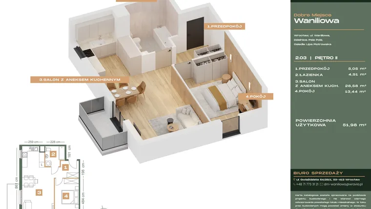 Rzut - Mieszkanie na sprzedaż 2 pokoje o powierzchni 51,98 m² - numer L.2-3 w Dobre Miejsce Waniliowa