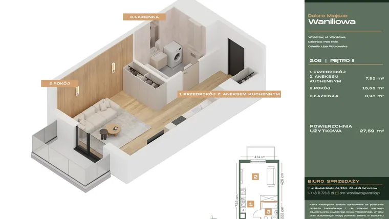 Rzut - Mieszkanie na sprzedaż 1 pokój o powierzchni 27,59 m² - numer L.2-6 w Dobre Miejsce Waniliowa