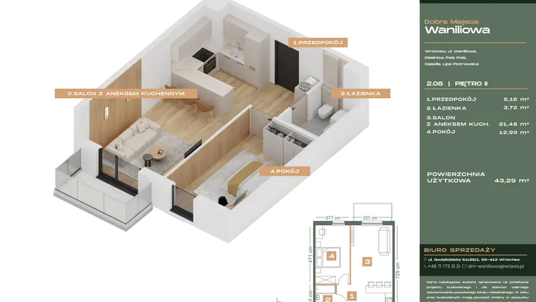 Rzut - Mieszkanie na sprzedaż 2 pokoje o powierzchni 43,29 m² - numer L.2-8 w Dobre Miejsce Waniliowa