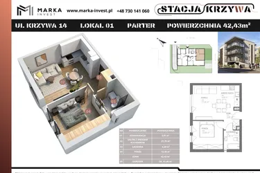 Rzut - Mieszkanie na sprzedaż 2 pokoje o powierzchni 42,43 m² - numer M1 w Stacja Krzywa