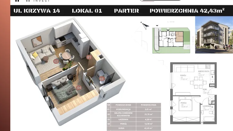Rzut - Mieszkanie na sprzedaż 2 pokoje o powierzchni 42,43 m² - numer M1 w Stacja Krzywa