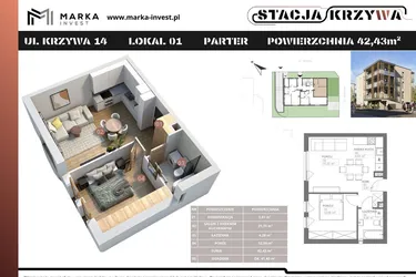 Rzut - Mieszkanie na sprzedaż 2 pokoje o powierzchni 42,43 m² - numer M1 w Stacja Krzywa