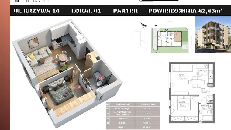 Rzut - Mieszkanie na sprzedaż 2 pokoje o powierzchni 42,43 m² - numer M1 w Stacja Krzywa