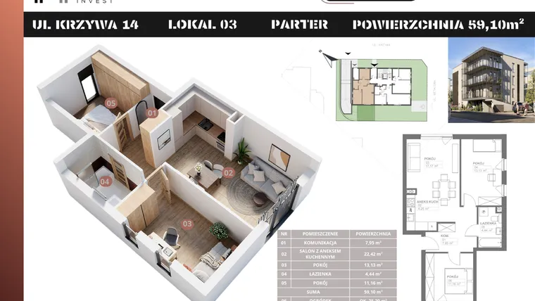 Rzut - Mieszkanie na sprzedaż 3 pokoje o powierzchni 59,1 m² - numer M3 w Stacja Krzywa