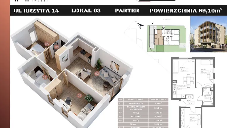 Rzut - Mieszkanie na sprzedaż 3 pokoje o powierzchni 59,1 m² - numer M3 w Stacja Krzywa