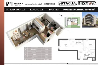 Rzut - Mieszkanie na sprzedaż 2 pokoje o powierzchni 49,95 m² - numer M2 w Stacja Krzywa