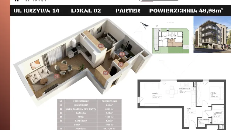 Rzut - Mieszkanie na sprzedaż 2 pokoje o powierzchni 49,95 m² - numer M2 w Stacja Krzywa