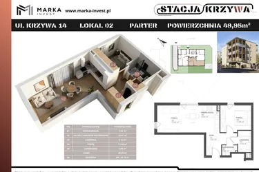 Rzut - Mieszkanie na sprzedaż 2 pokoje o powierzchni 49,95 m² - numer M2 w Stacja Krzywa