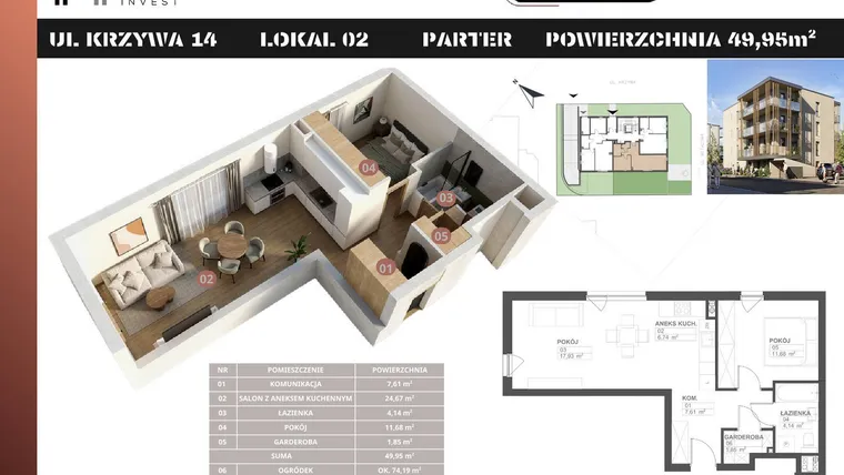Rzut - Mieszkanie na sprzedaż 2 pokoje o powierzchni 49,95 m² - numer M2 w Stacja Krzywa