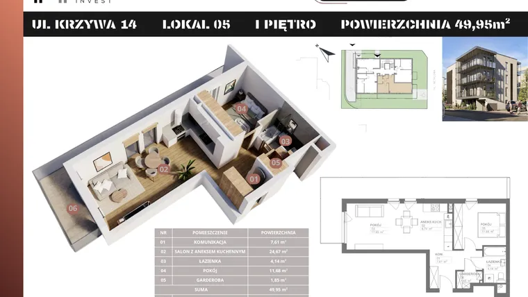 Rzut - Mieszkanie na sprzedaż 2 pokoje o powierzchni 49,95 m² - numer M5 w Stacja Krzywa