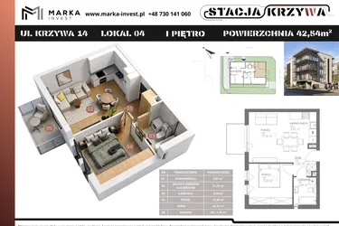 Rzut - Mieszkanie na sprzedaż 2 pokoje o powierzchni 42,54 m² - numer M4 w Stacja Krzywa