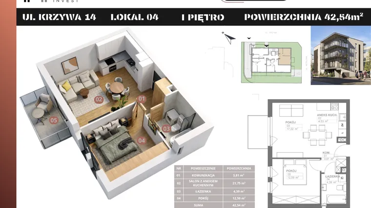 Rzut - Mieszkanie na sprzedaż 2 pokoje o powierzchni 42,54 m² - numer M4 w Stacja Krzywa