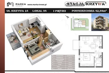 Rzut - Mieszkanie na sprzedaż 2 pokoje o powierzchni 42,54 m² - numer M4 w Stacja Krzywa