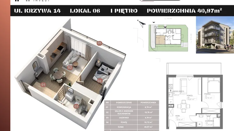 Rzut - Mieszkanie na sprzedaż 2 pokoje o powierzchni 40,97 m² - numer M6 w Stacja Krzywa