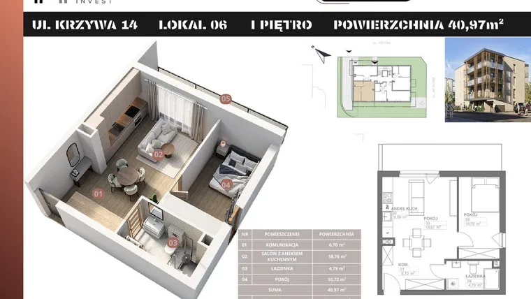 Rzut - Mieszkanie na sprzedaż 2 pokoje o powierzchni 40,97 m² - numer M6 w Stacja Krzywa
