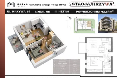 Rzut - Mieszkanie na sprzedaż 2 pokoje o powierzchni 42,54 m² - numer M8 w Stacja Krzywa