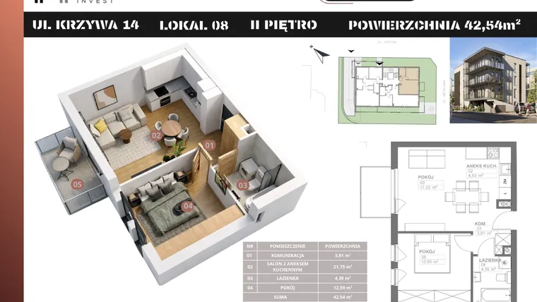 Rzut - Mieszkanie na sprzedaż 2 pokoje o powierzchni 42,54 m² - numer M8 w Stacja Krzywa
