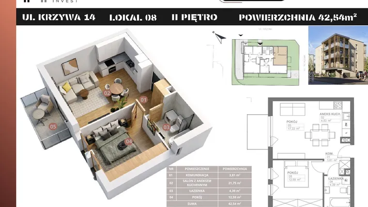 Rzut - Mieszkanie na sprzedaż 2 pokoje o powierzchni 42,54 m² - numer M8 w Stacja Krzywa