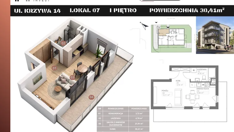Rzut - Mieszkanie na sprzedaż 1 pokój o powierzchni 30,41 m² - numer M7 w Stacja Krzywa